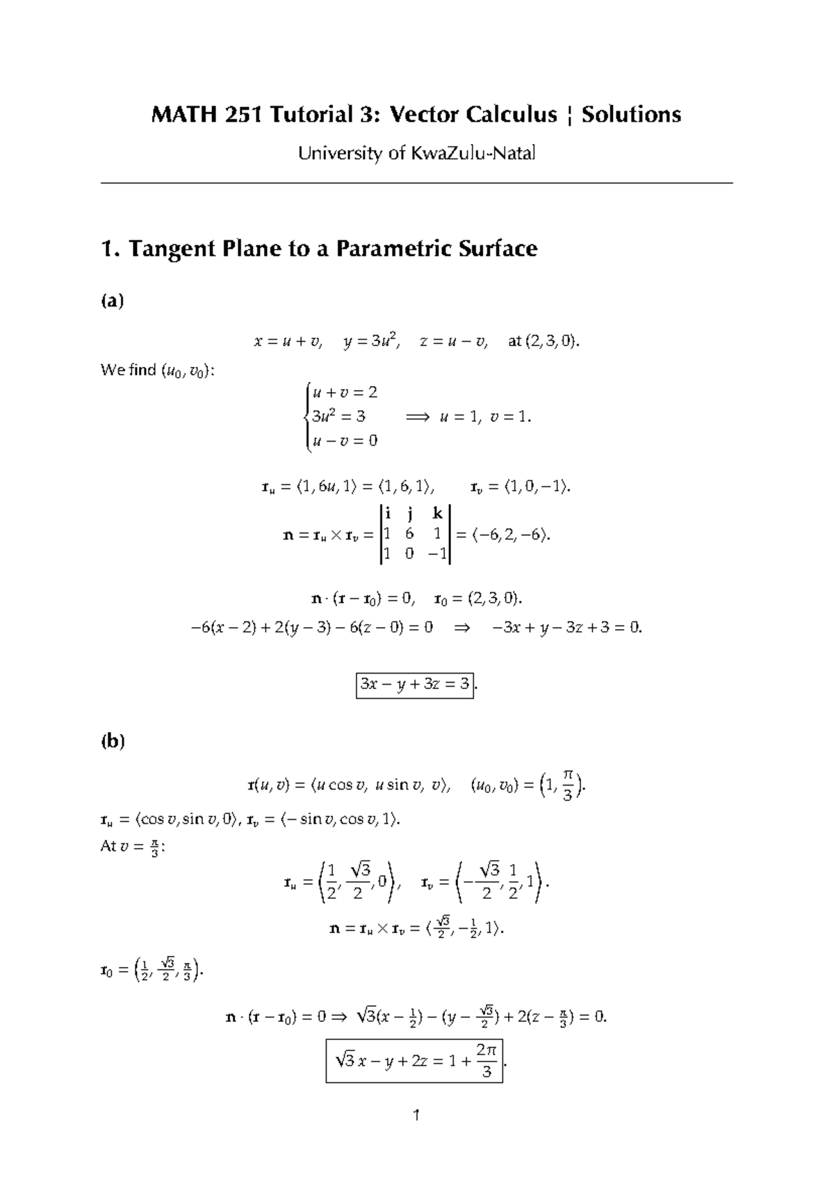 MATH 251 Tutorial 3: Vector Calculus Solutions and Explanations - Studocu