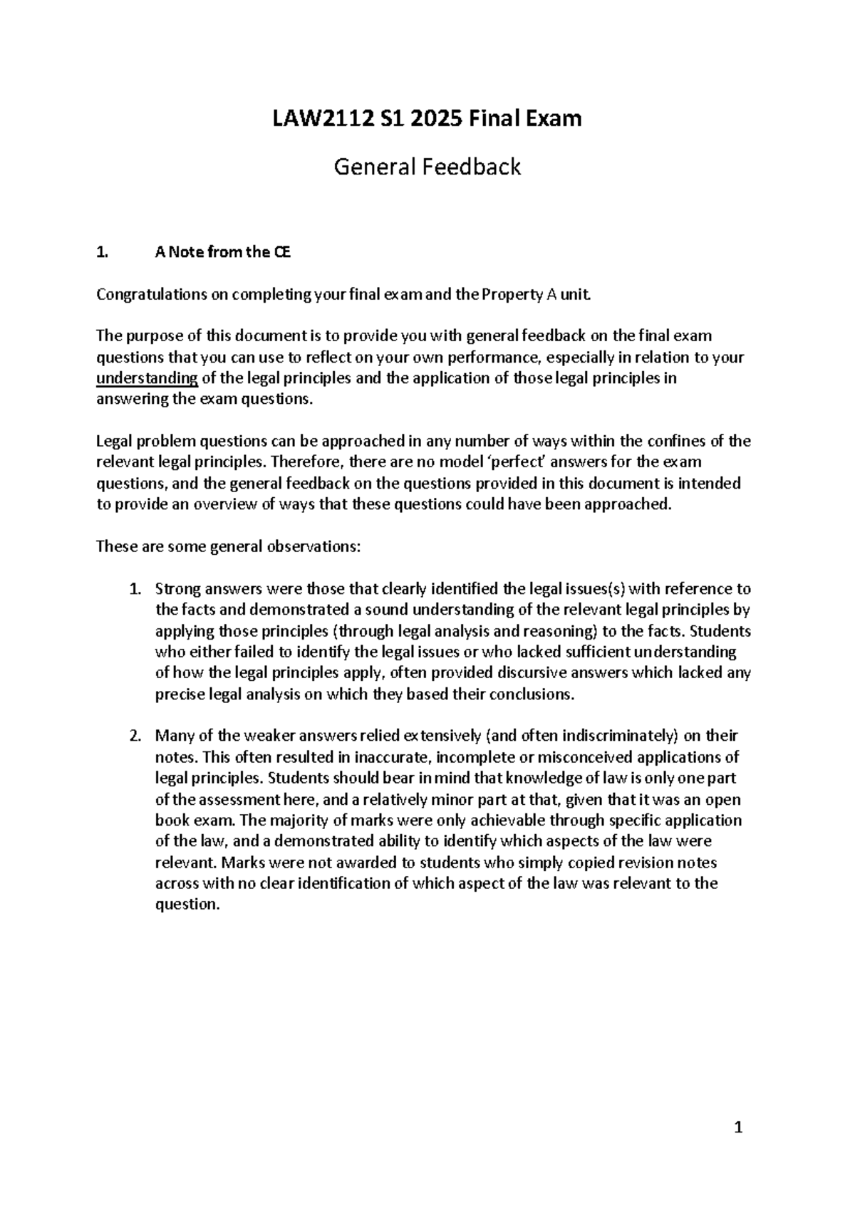 LAW2112 S1 2025 Final Exam Feedback and Performance Insights - Studocu