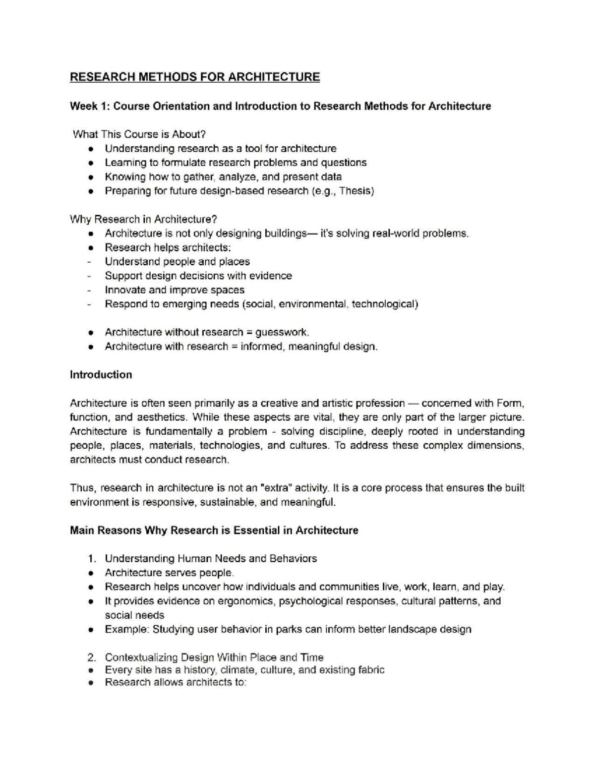 ARCH 101: Research Methods in Architecture - Week 1 Overview - Studocu