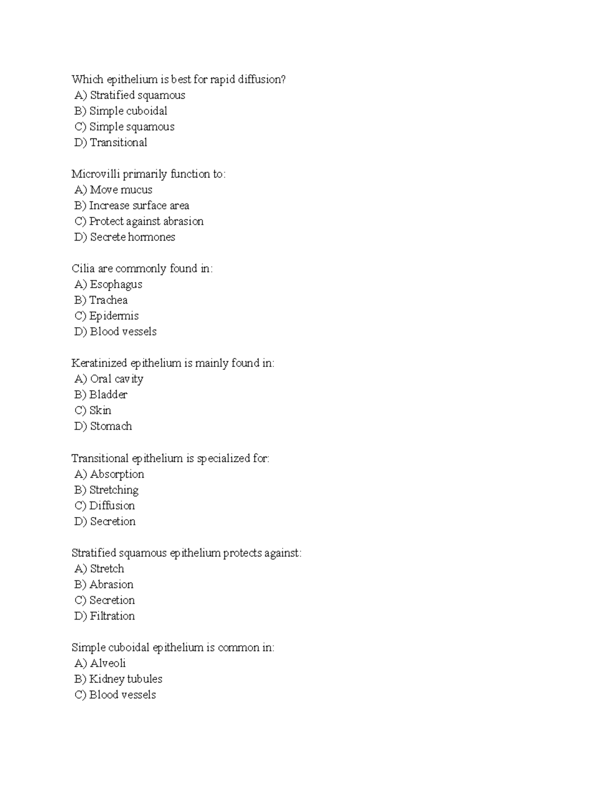 Quiz on Epithelial Tissue Types and Functions - Practice Material - Studocu