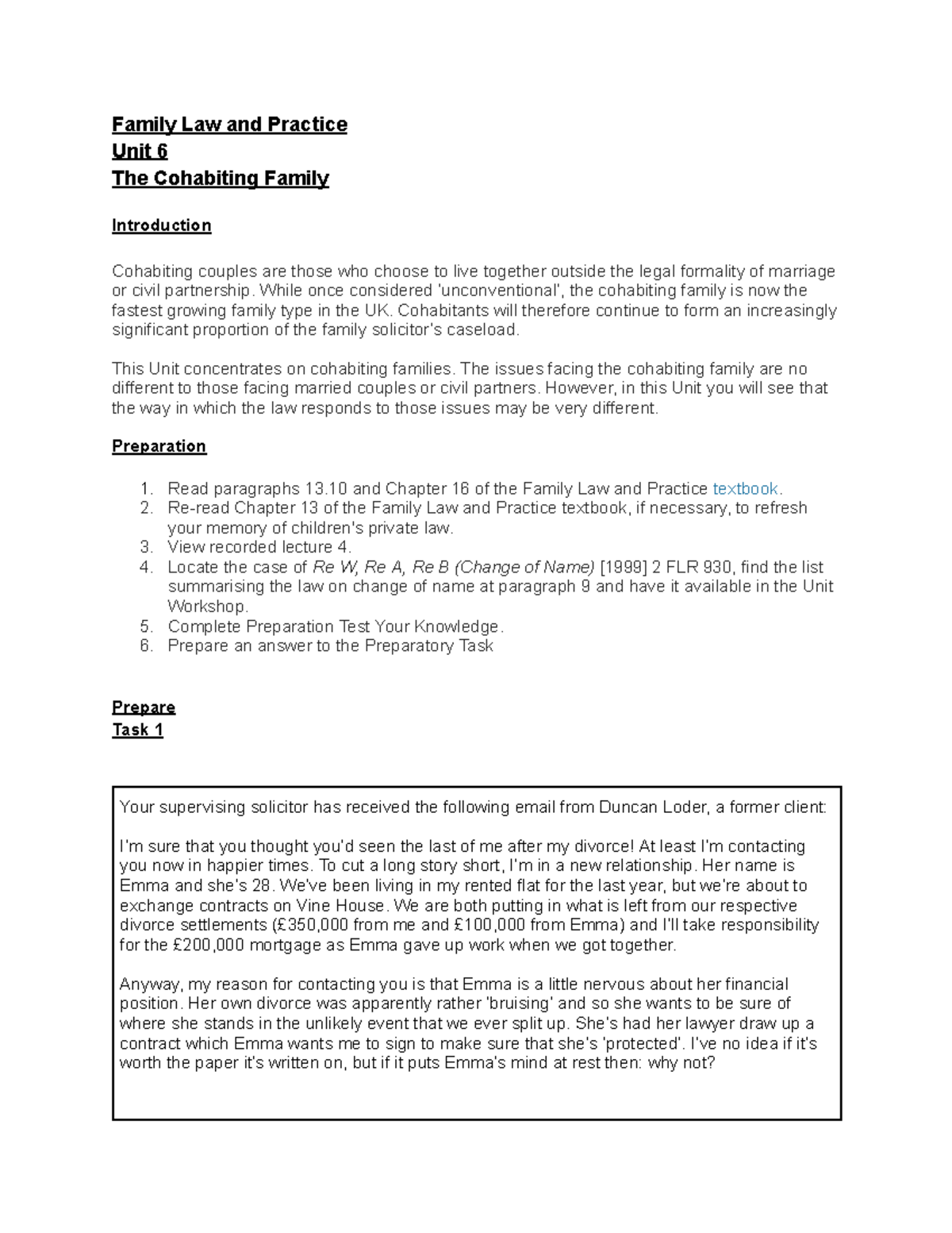 Family Law and Practice - Unit 6: Cohabiting Families Overview - Studocu