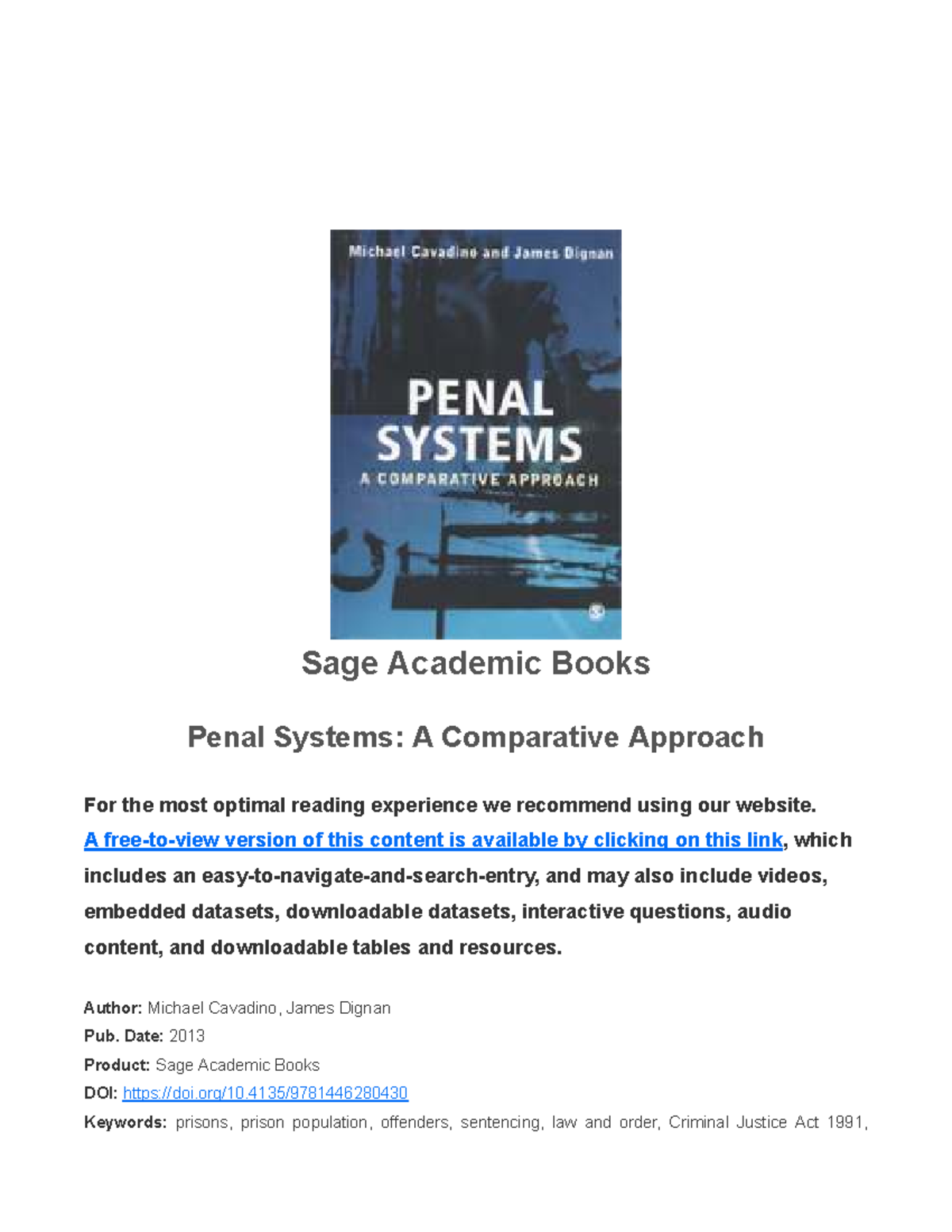 Penal Systems: A Comparative Approach in England and Wales - Sage ...