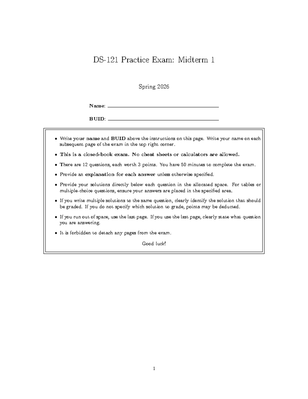 Practice Exam: Midterm 1 - Spring 2026 - Studocu