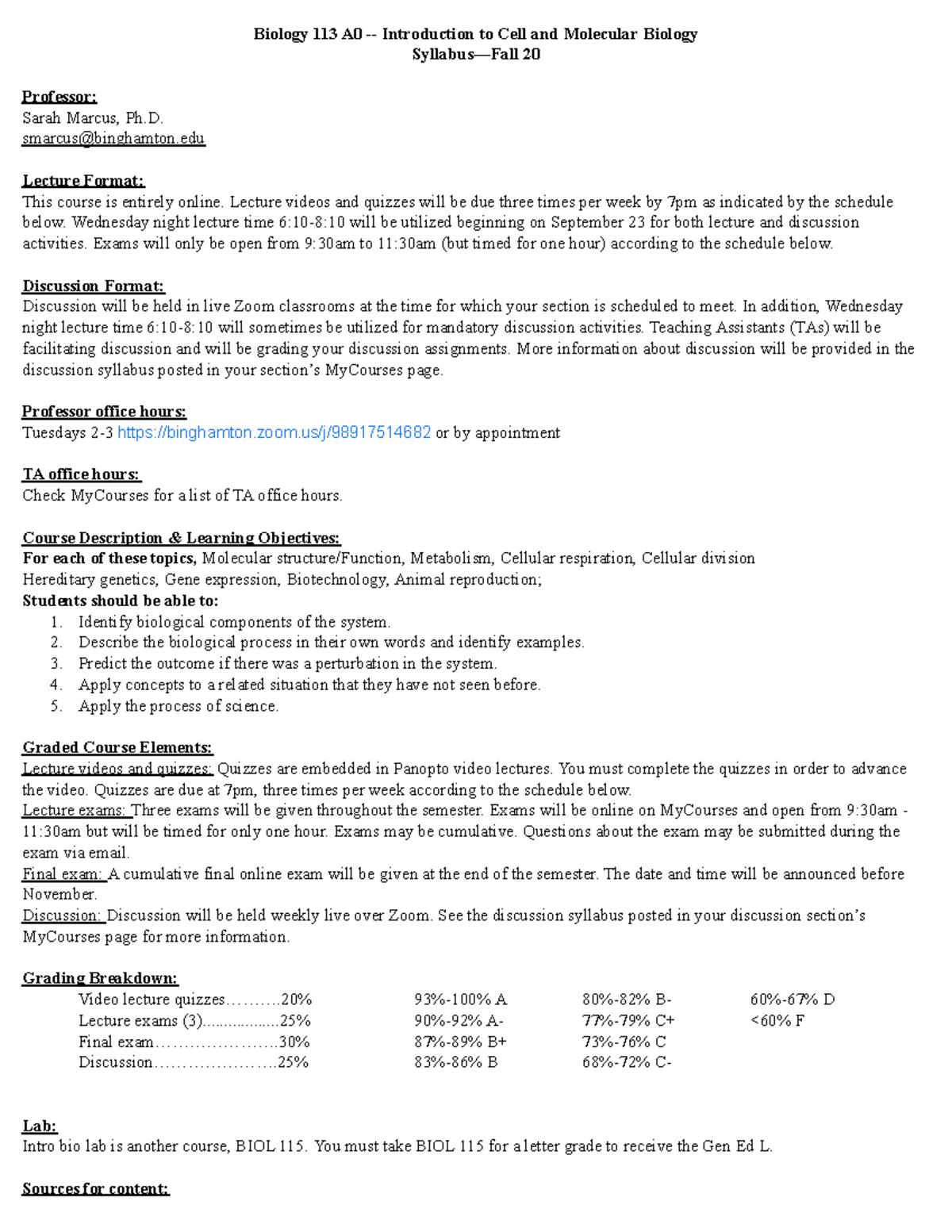 Biol 113 Syllabus: Intro to Cell & Molecular Biology - Fall 2020 - Studocu