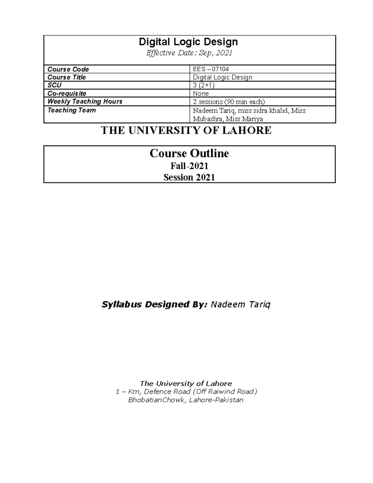 1. Course outline DLD 2A F2021 - Digital Logic Design Effective Date ...