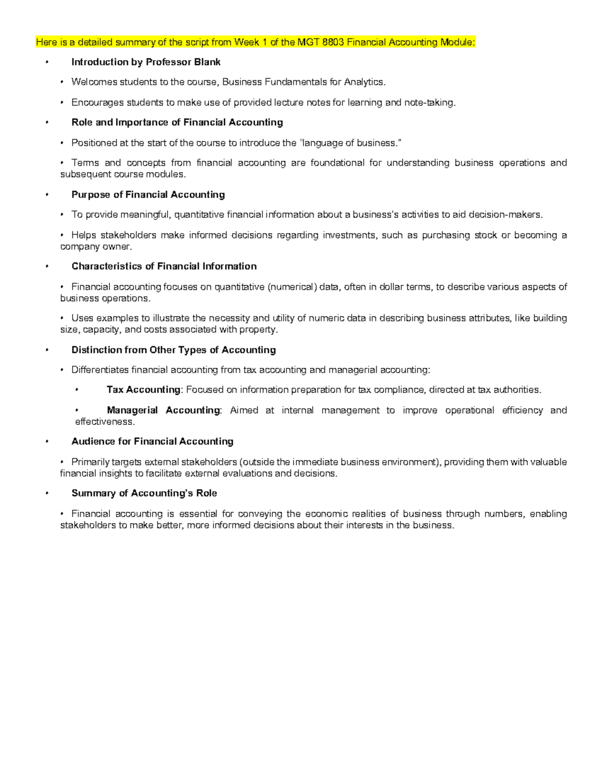MGT 8803 Financial Accounting Module - Encourages students to make use ...