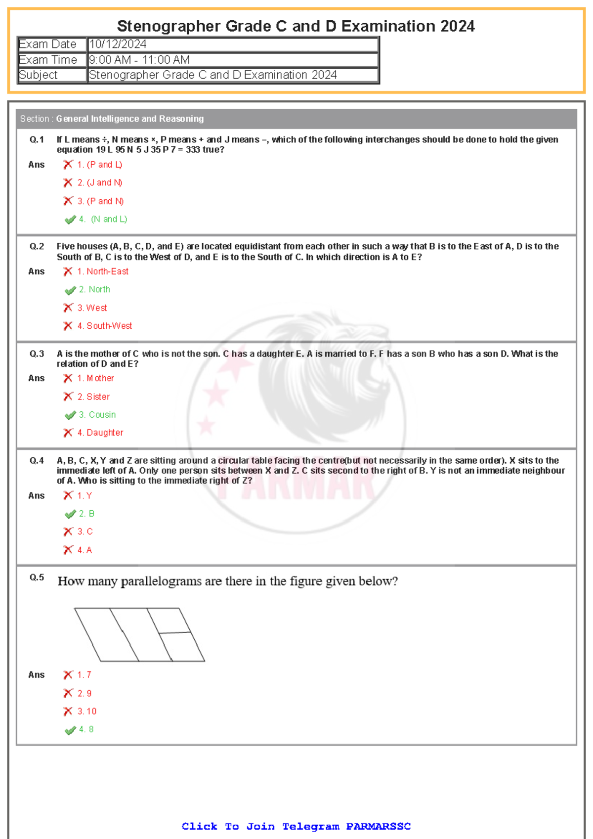 SSC Steno 2024 Answer Key(English) - Q If L means ÷, N means ×, P means ...