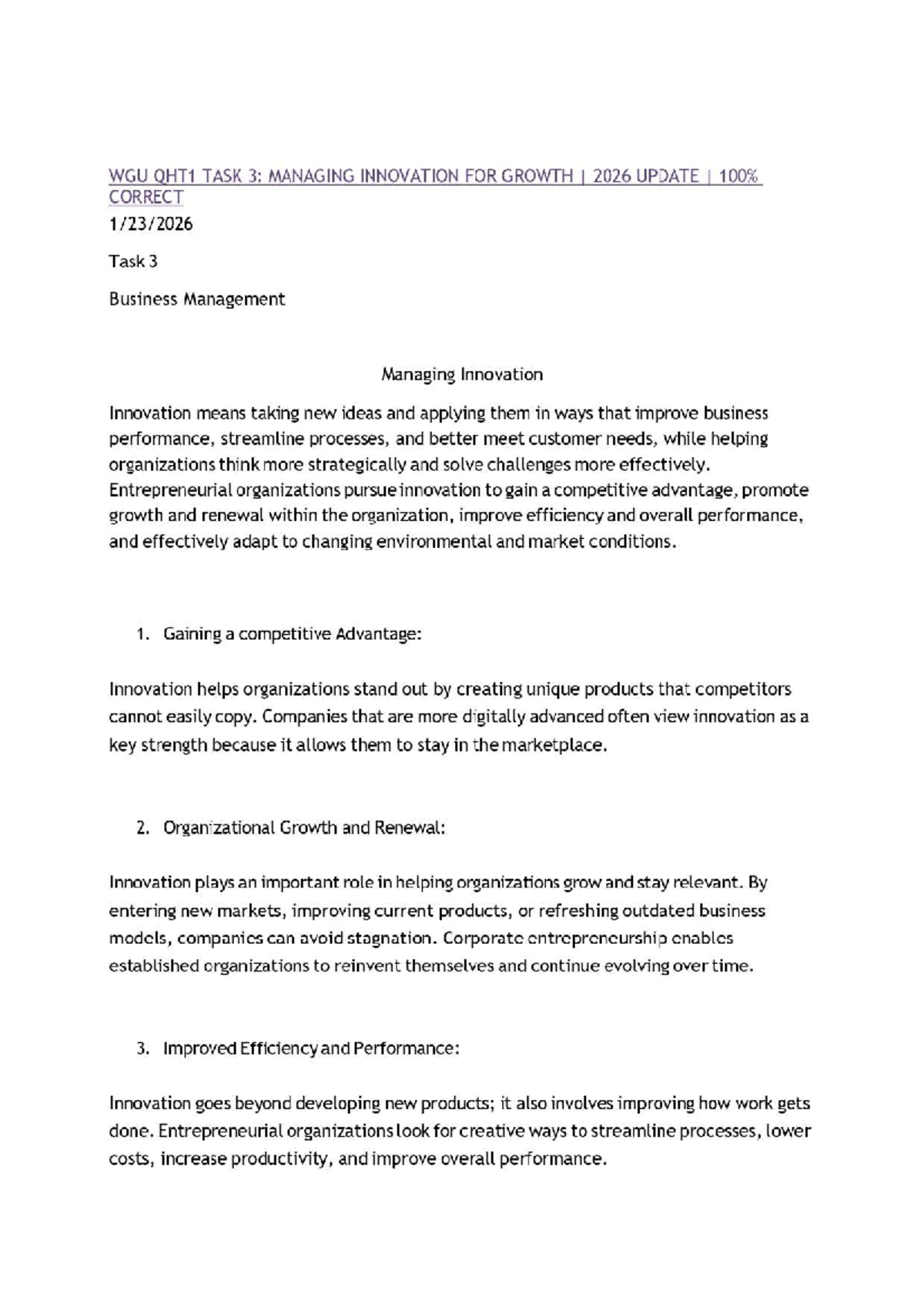WGU QHT1 TASK 3: Managing Innovation for Growth 2026 Update - Studocu