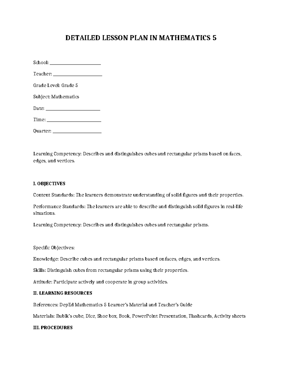 Detailed Lesson Plan in Math 5: Cubes & Rectangular Prisms - Studocu