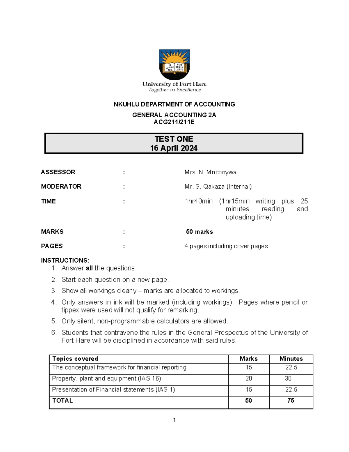 ACC211E Accounting 2A Test 1 Suggested Solutions - 11 March 2024 - Studocu