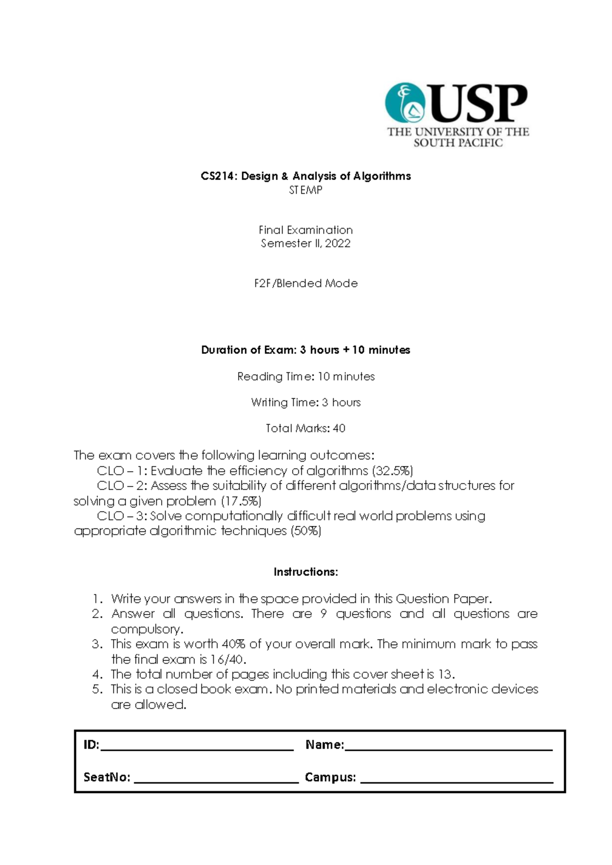 CS214: Design Analysis of Algorithms Final Exam Paper 2022 - Studocu