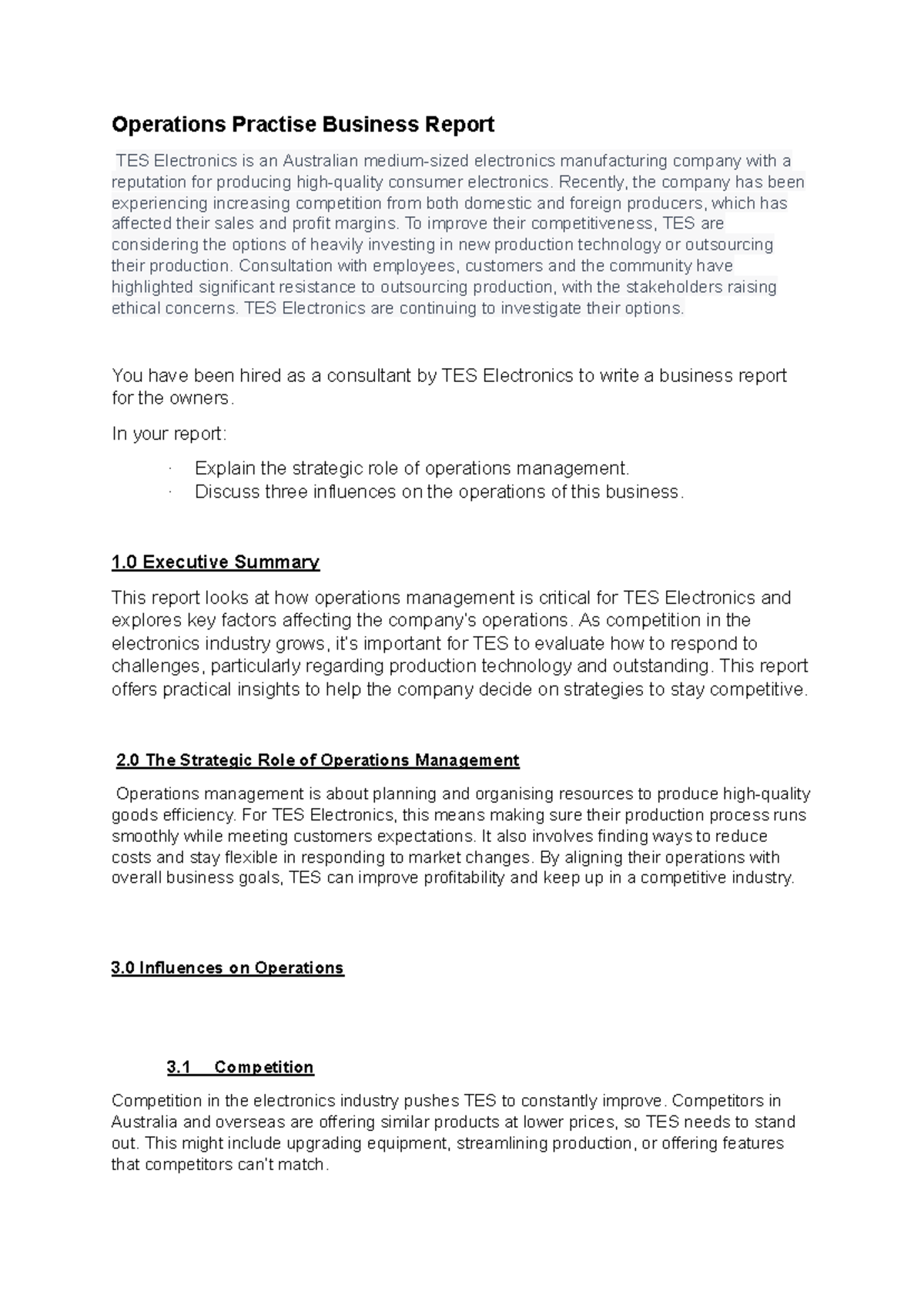 Operations Management Business Report for TES Electronics - Studocu