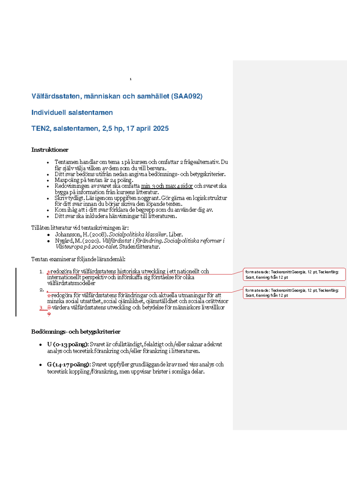 SAA092 TEN2 250417 - Tentamen om Välfärdsstatens Utveckling - Studocu