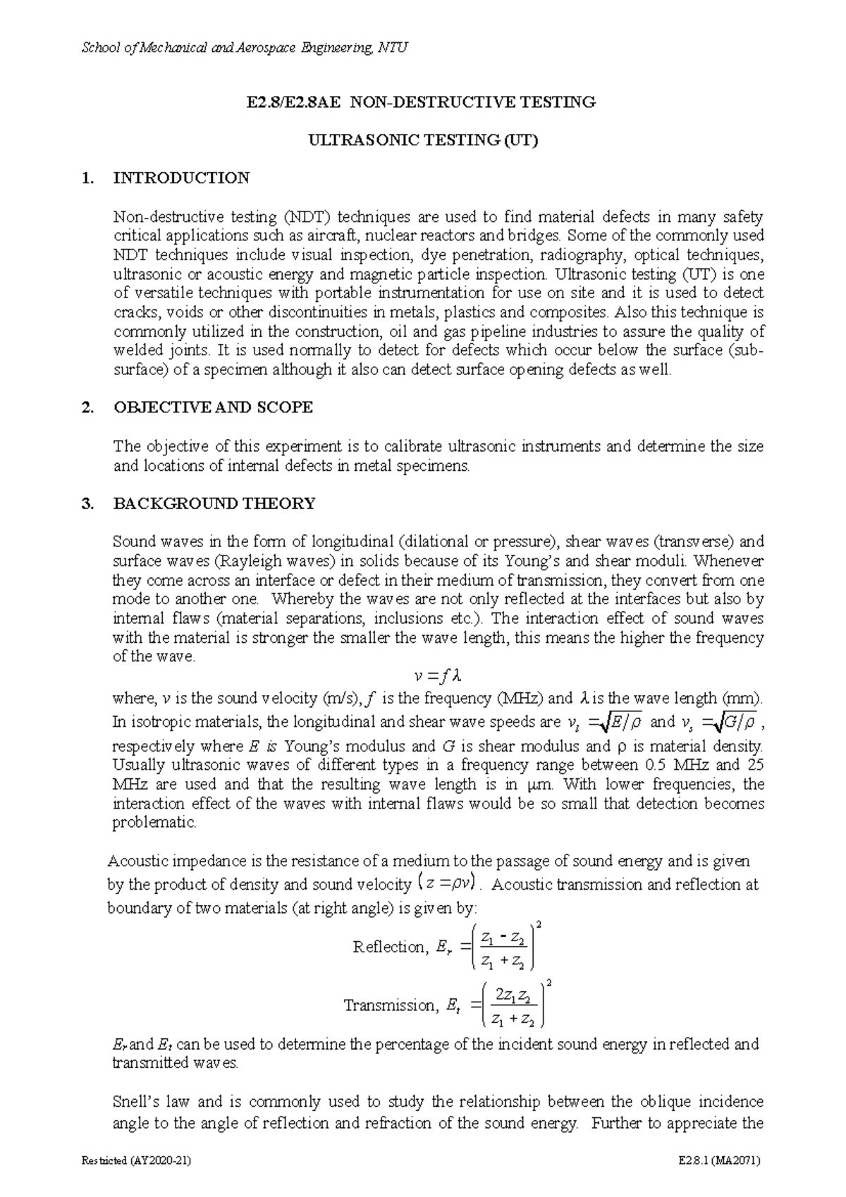 Lab Report - Lecture Notes 5: Ultrasonic Testing Techniques and Results ...