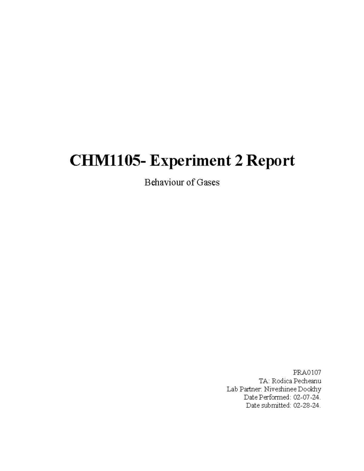 Experiment 2 Report: Behavior of Gases in CHEM LAB2 - Studocu