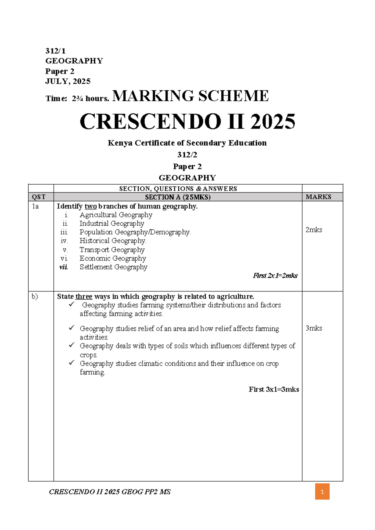 CRESCENDO II 2025 GEOGRAPHY Paper 2 Marking Scheme - Studocu