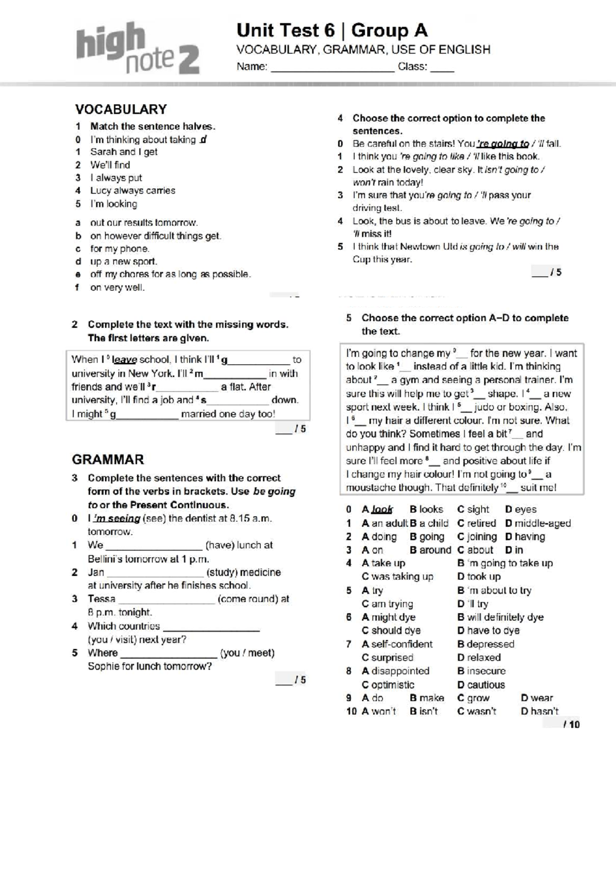High Unit Test 6 Group A Notes: Vocabulary & Grammar Review - Studocu
