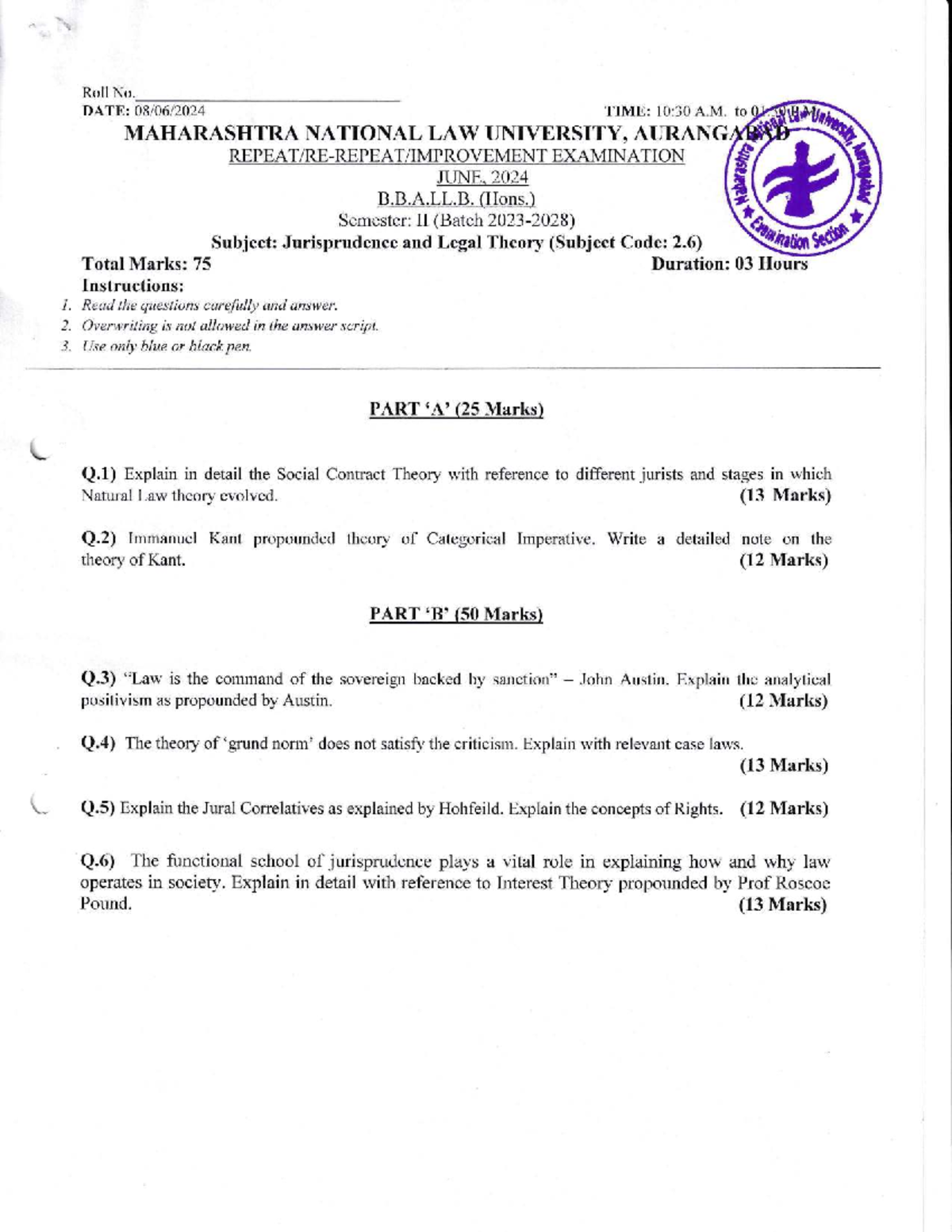 JR1 - B.B.A.LL. (Hons) Sem II Jurisprudence Exam Notes - Studocu