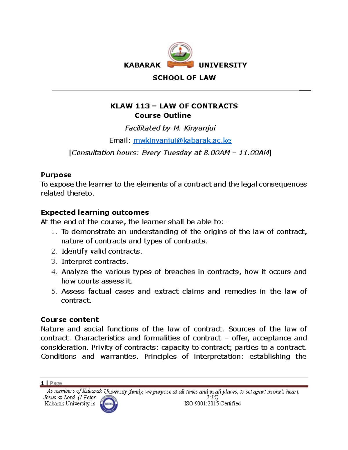 KLAW 113 - Law of Contracts: Comprehensive Course Outline - Studocu