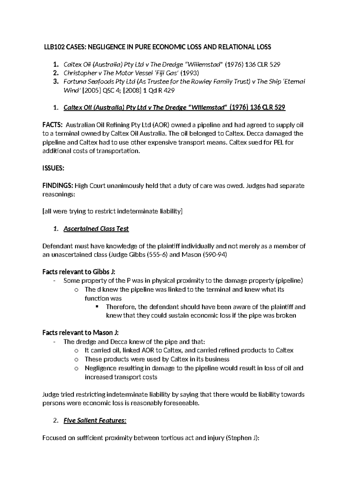 LLB102 WK6 - Summary of Negligence in Torts Law Cases - Studocu
