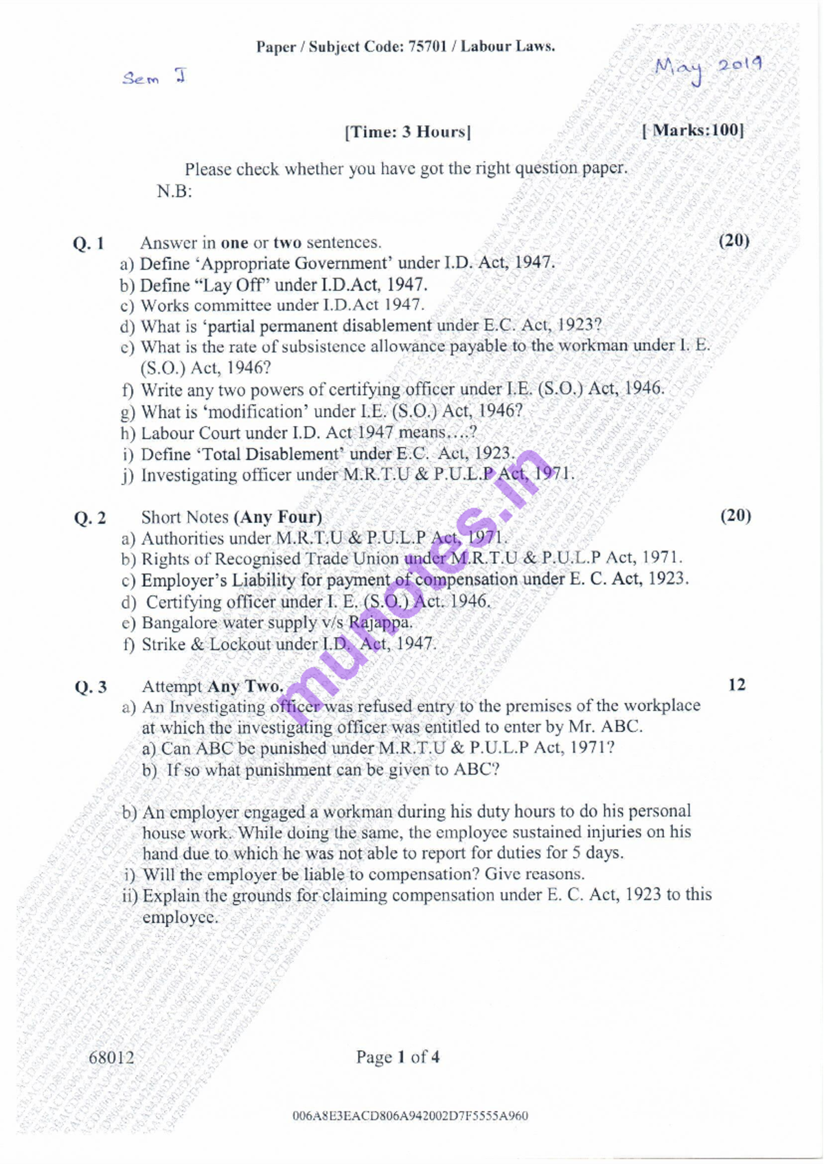 2019 May Labour Laws - Past Question Paper (Code: 75701) - Studocu