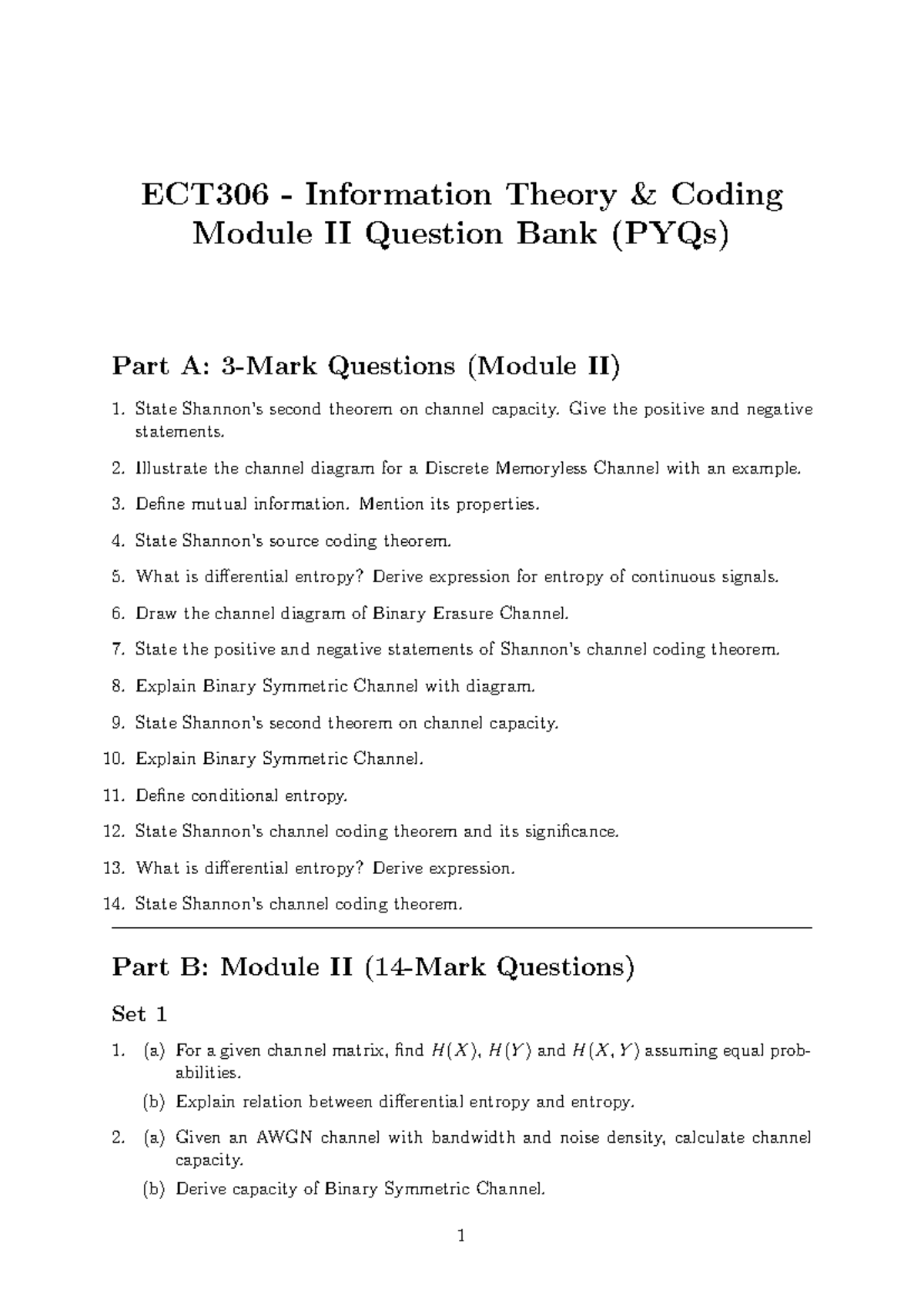 ECT306 Information Theory Coding Module II Question Bank (PYQs) - Studocu