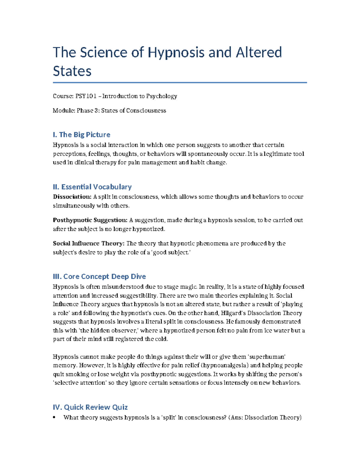 The Science of Hypnosis and Altered States: PSY101 Module 3 Overview ...