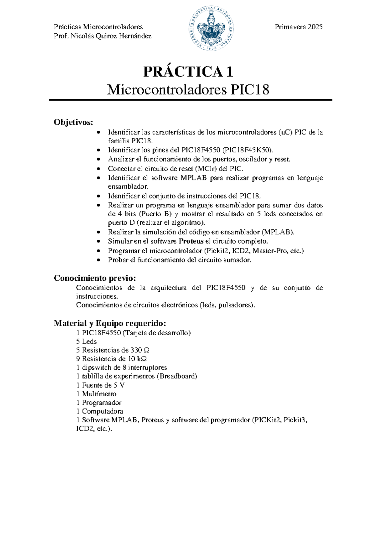 Práctica 1: Microcontroladores PIC18 - Suma con LEDs en MPLAB - Document Preview