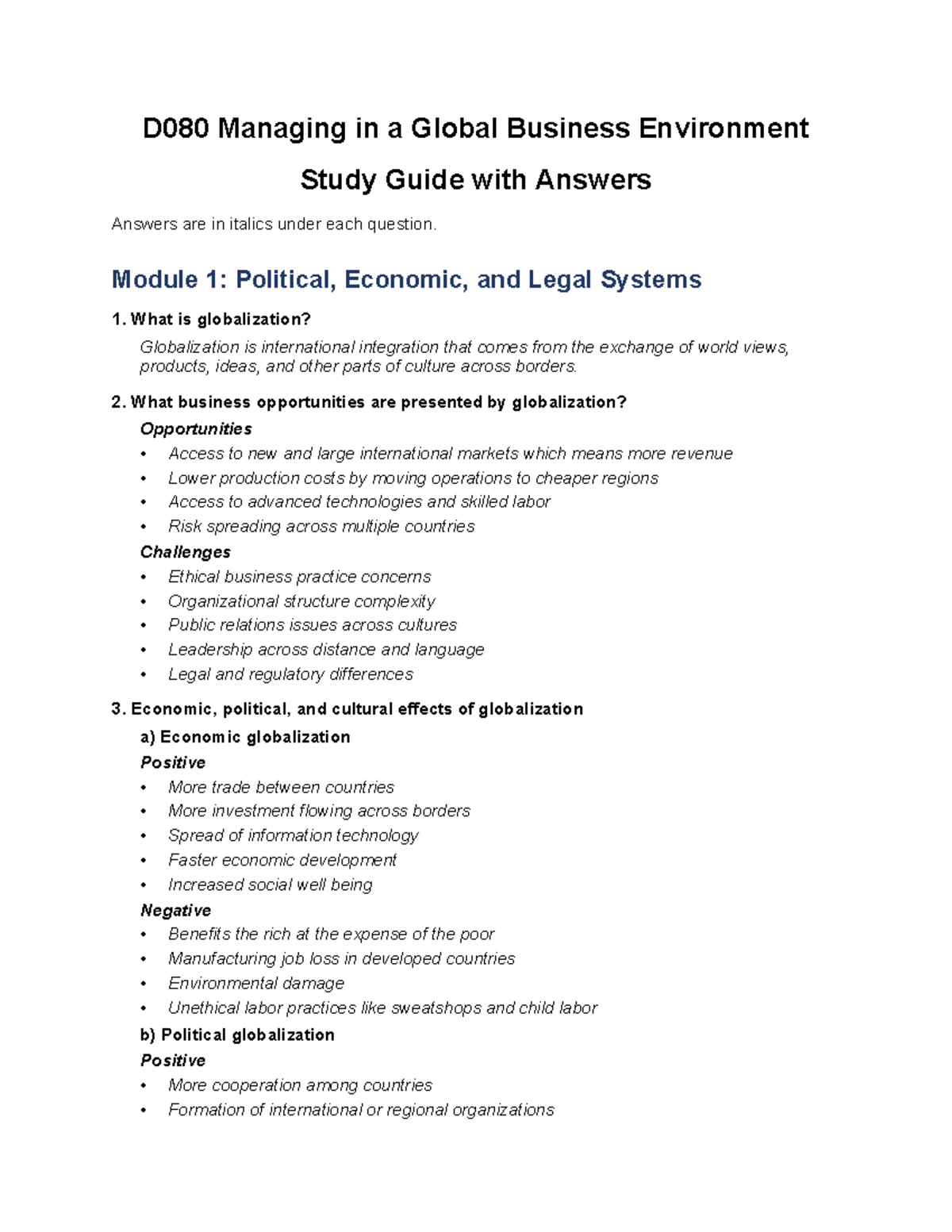 D080 Managing in a Global Business Environment Study Guide - Studocu