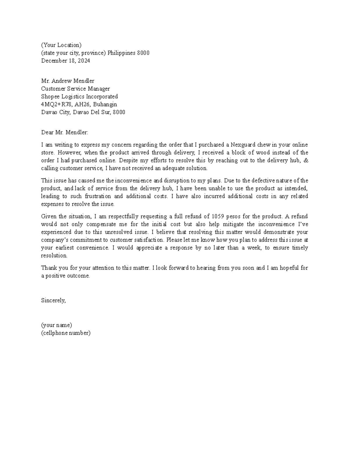 Compliant Letter Template for Order Issue - Philippines - Studocu