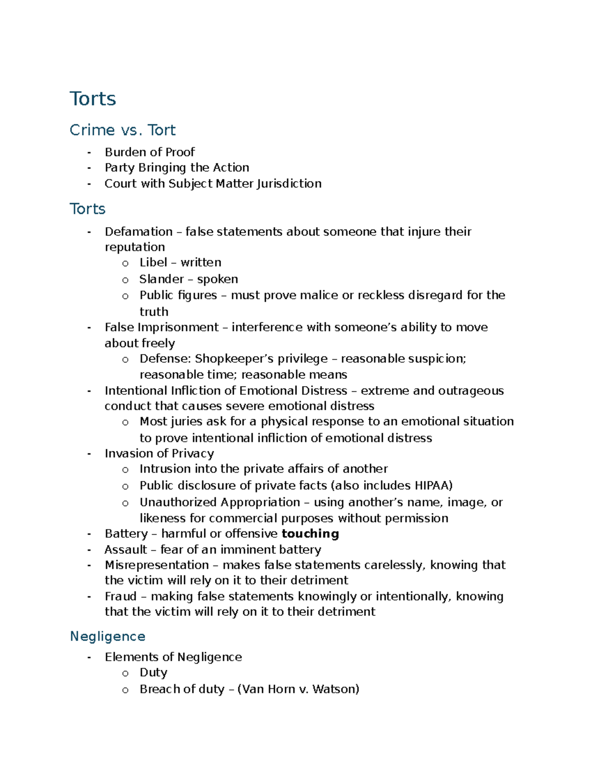 Torts and Negligence: Key Concepts and Legal Principles (LAW 101) - Studocu