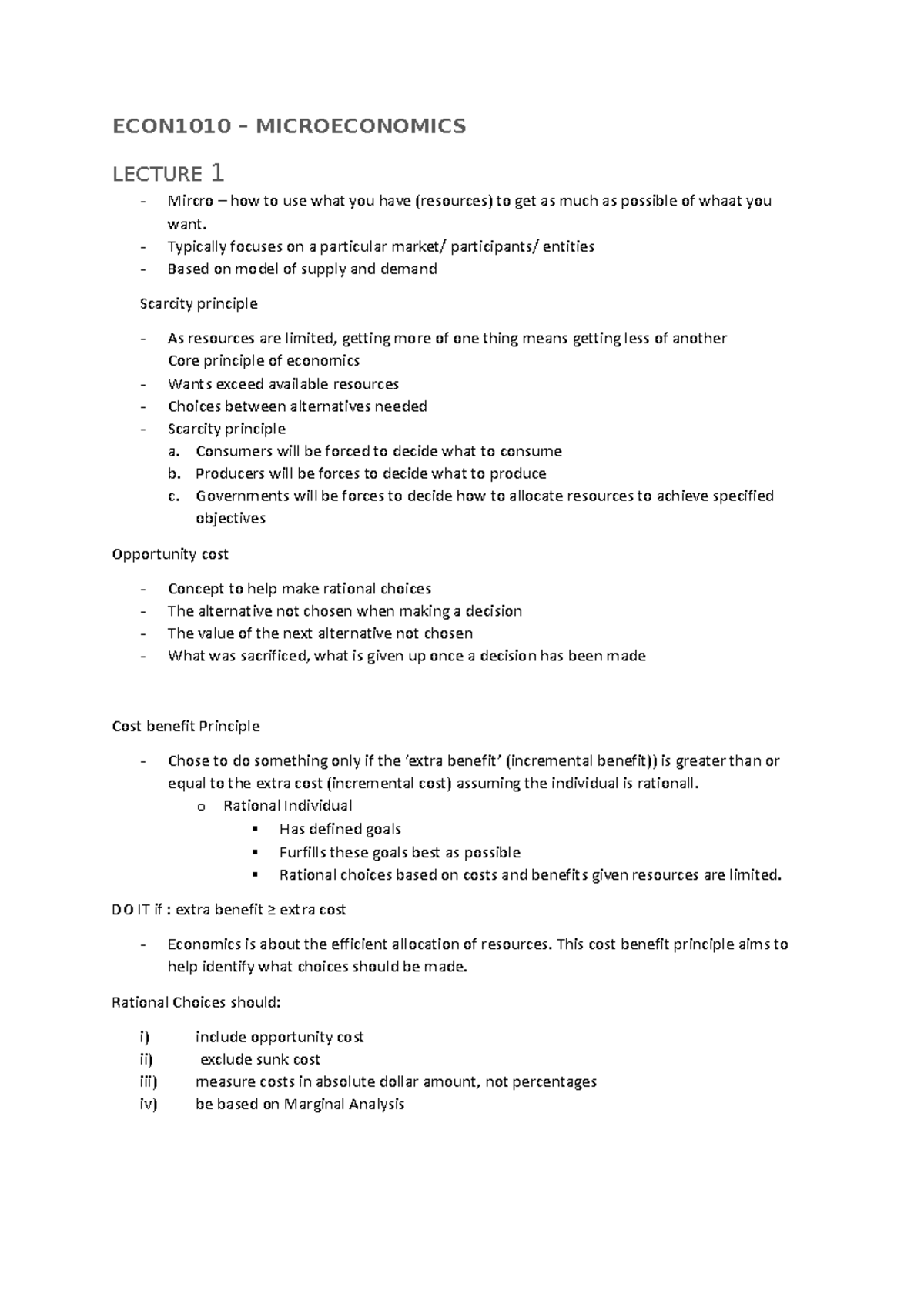 Full Sem 1 Lecture notes Micro Econ - ECON1010 – MICROECONOMICS LECTURE ...