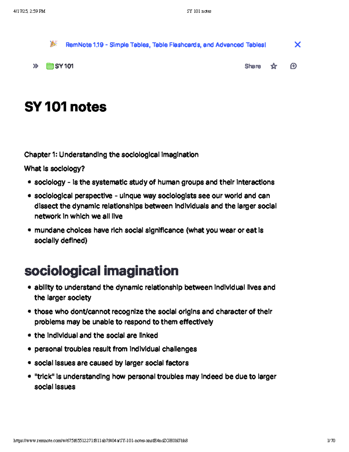 SY 101 Lecture Notes: Understanding the Sociological Imagination and ...