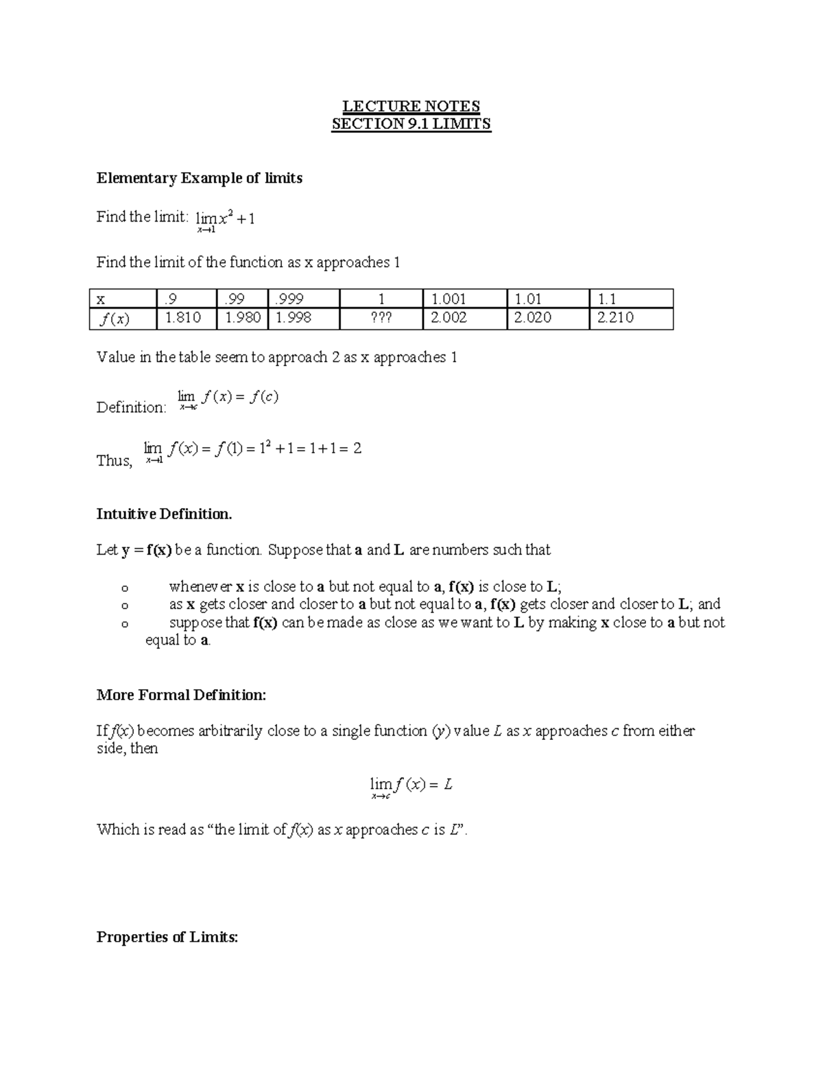 LECTURE NOTES MATH 101: LIMITS & EXAMPLES - Studocu