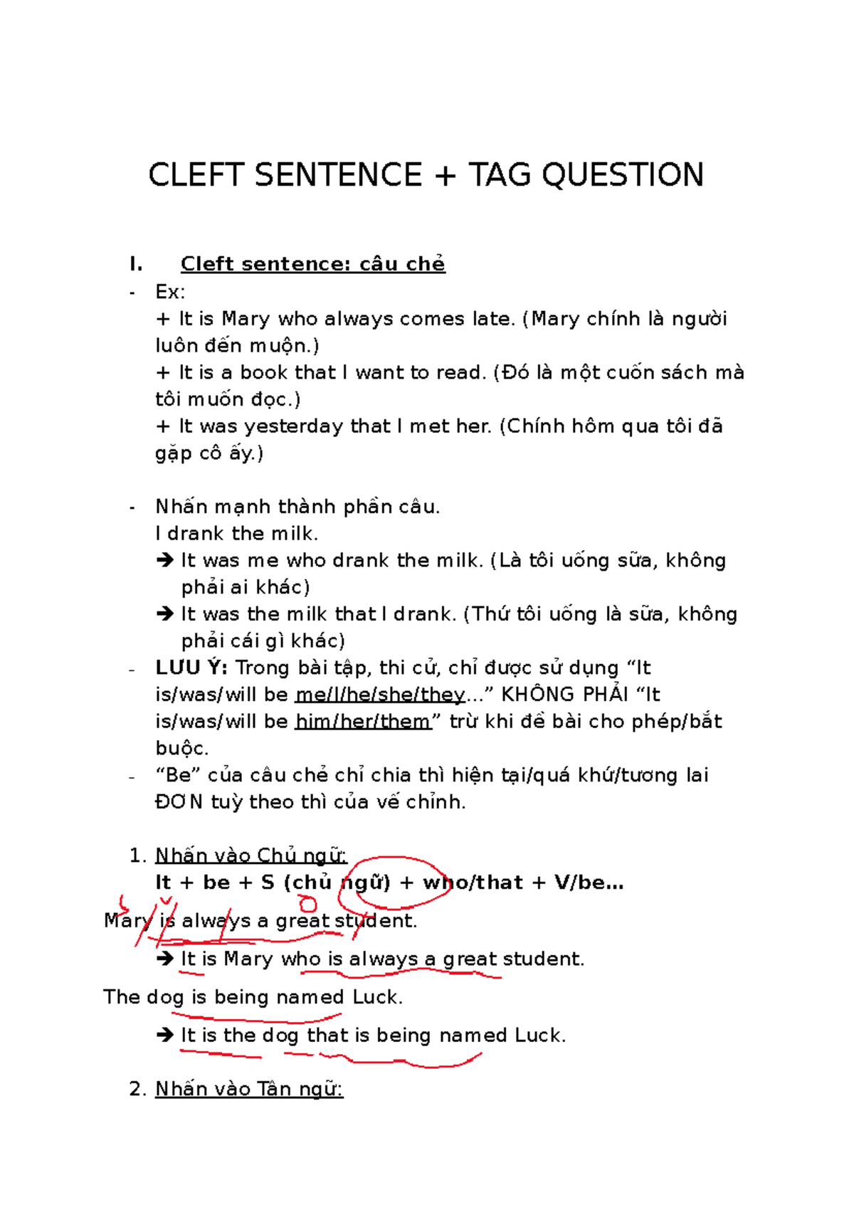 CLEFT SENTENCE & TAG QUESTION: EXAMPLES & EXERCISES - Studocu
