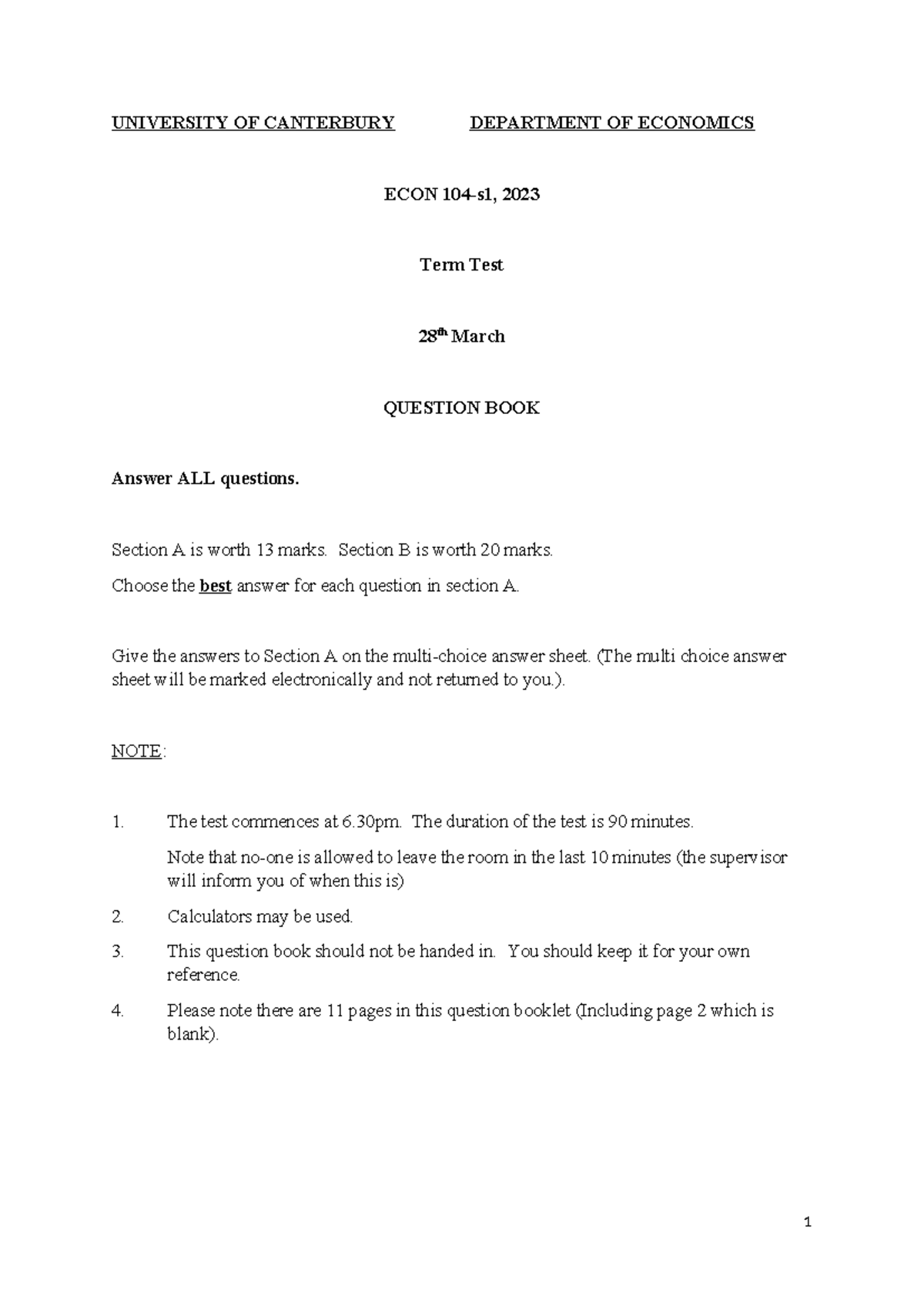 Term Test 2023 - ECON 2023 Economics Questions and Answers - Studocu