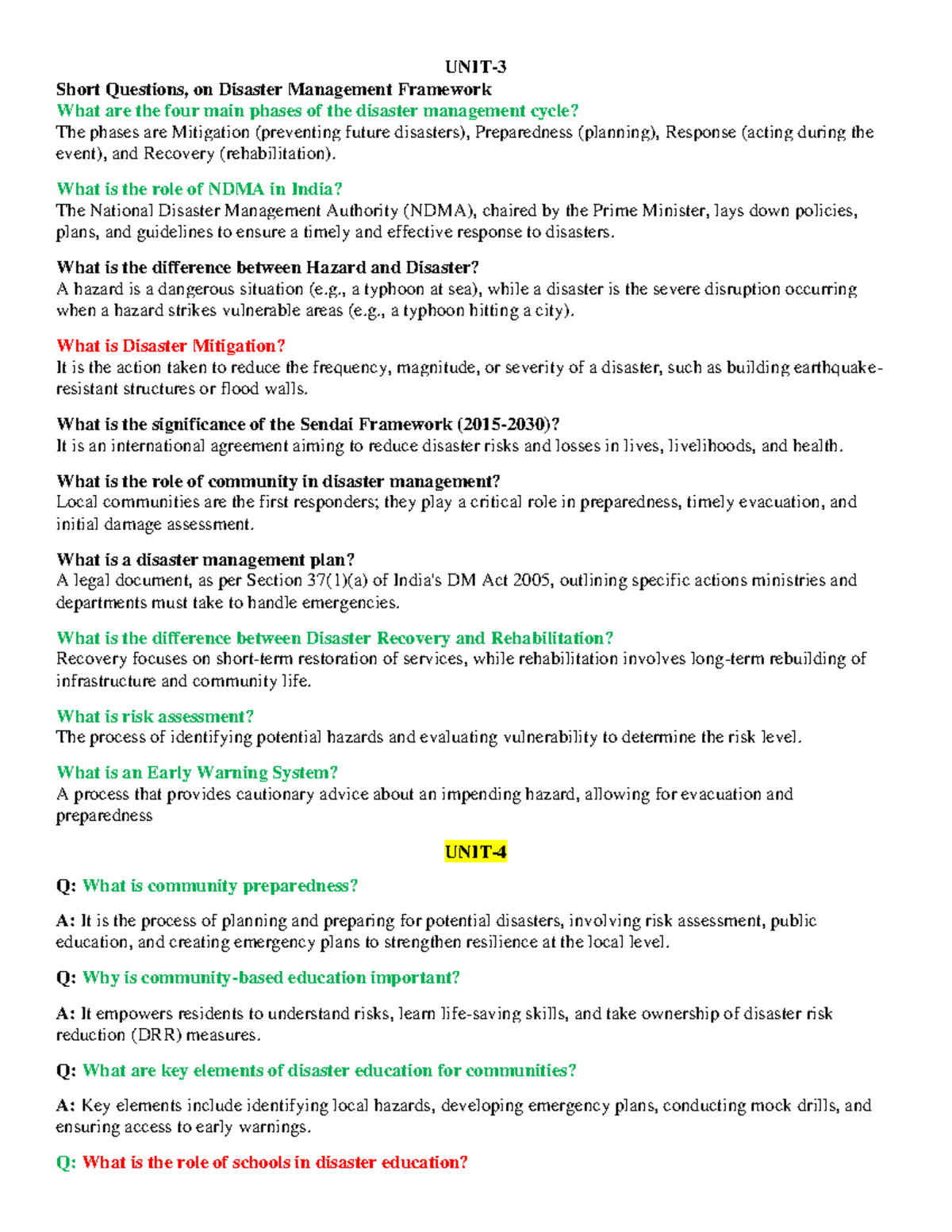 Disaster Management Framework: Short Questions & Answers - Studocu