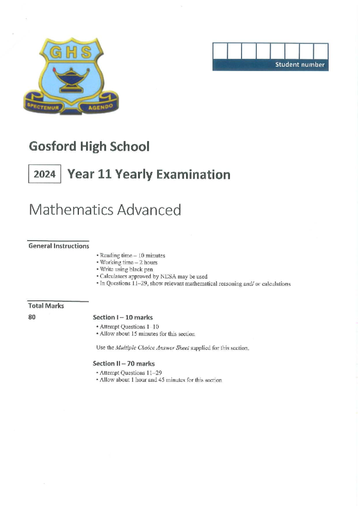 GHS Year 11 Mathematics Advanced 2024 Yearly Exam Solutions - Studocu