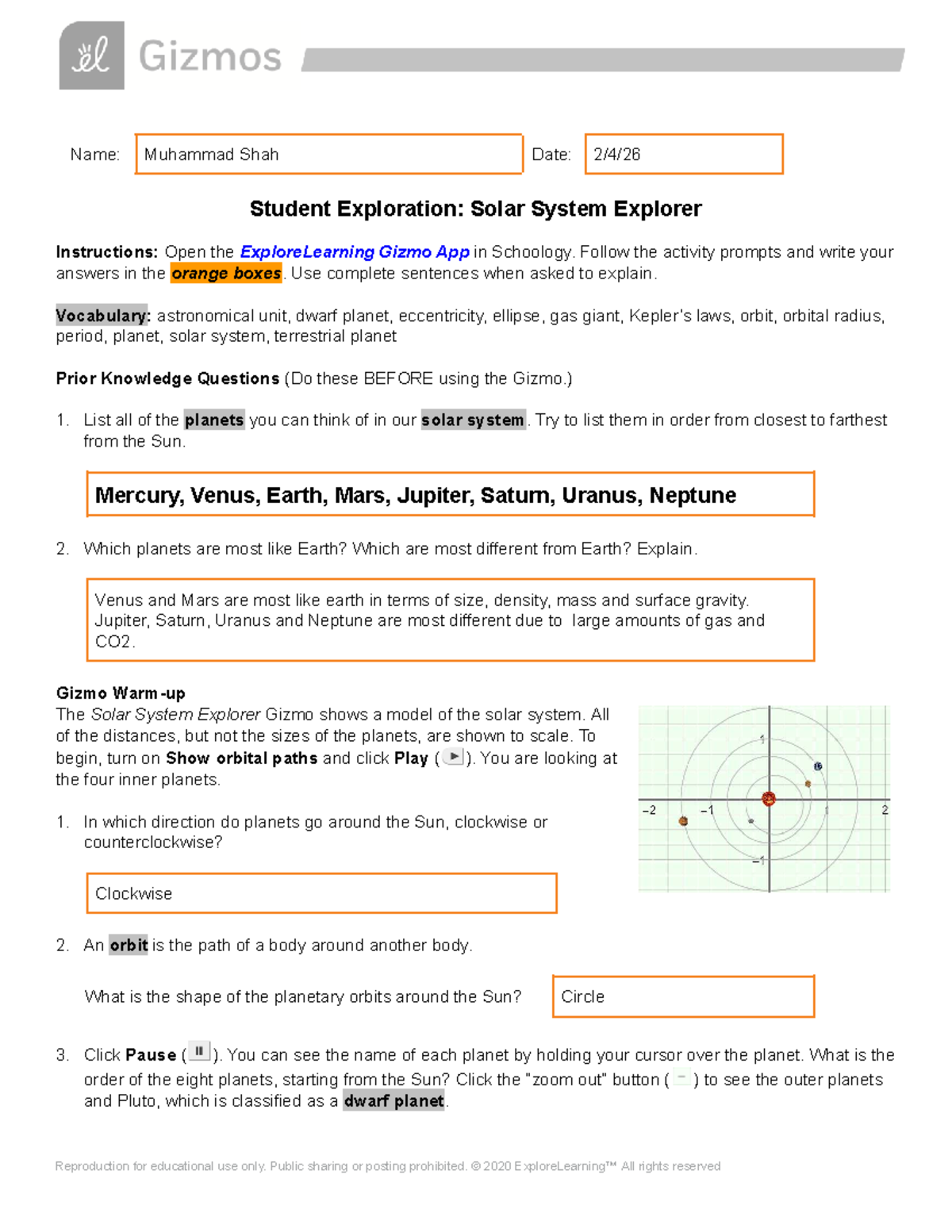 Gizmo Solar System Explorer & Kepler's Laws - Student Guide - Studocu