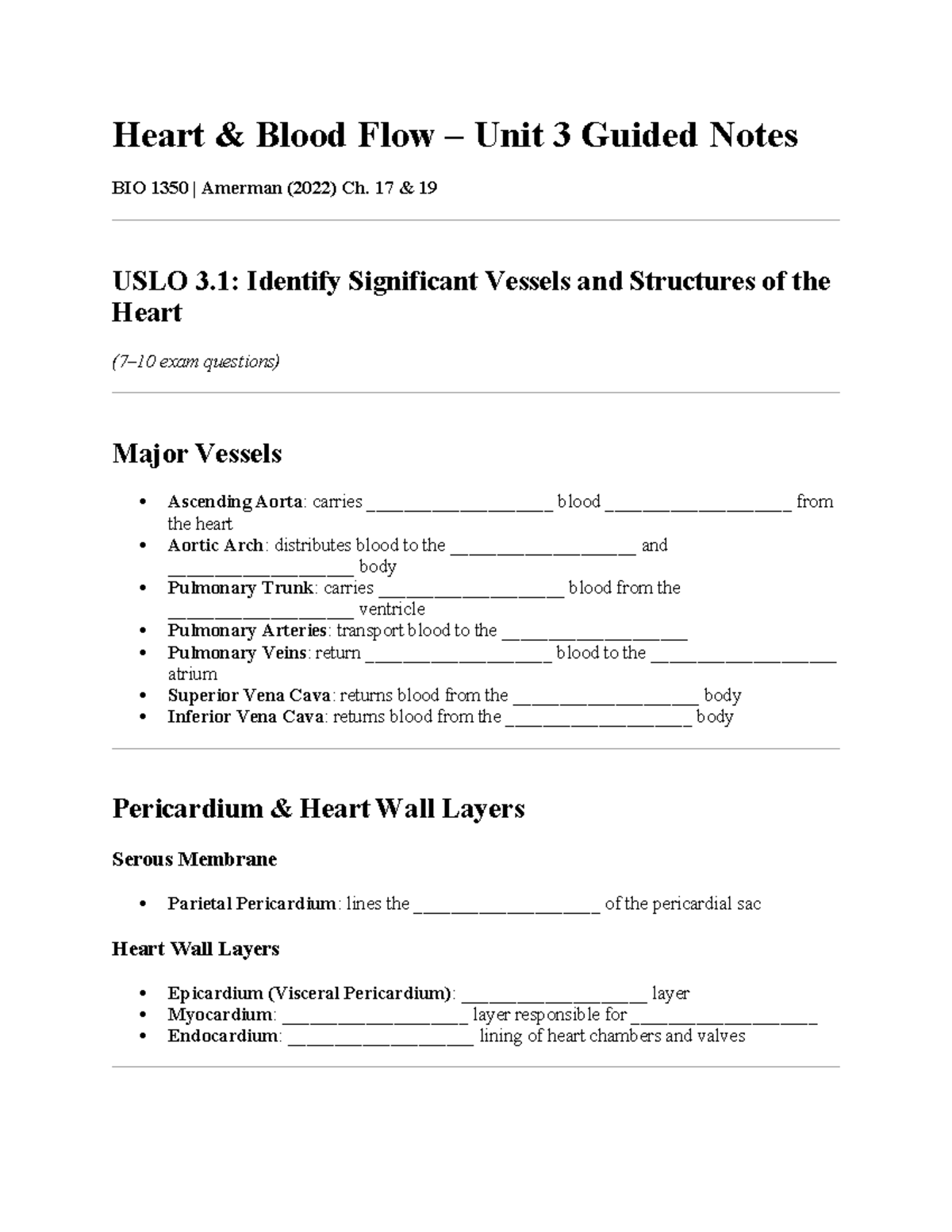 BIO 1350 Unit 3 Heart Blood Flow Guided Notes & Exam Questions - Studocu