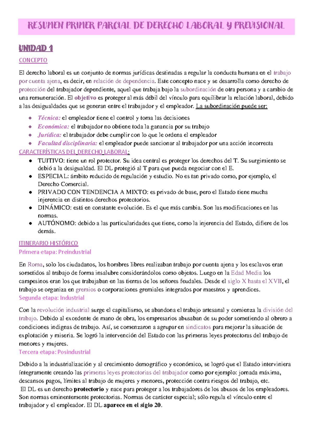 Resumen Primer Parcial DE Derecho Laboral y Previsional - Clases 1 a 2 ...