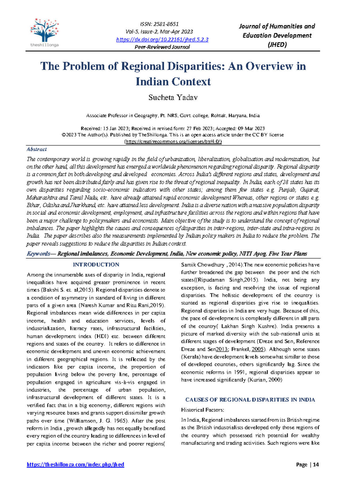 Regional Disparity in context of India - ISSN: 2581 - 8651 Vol-5, Issue ...