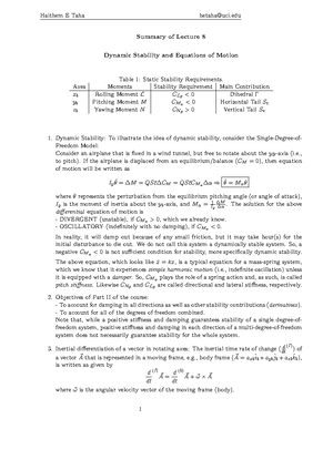 Lec7 - Dynamics and Control of Aerospace Vehicles - Summary of Lecture ...