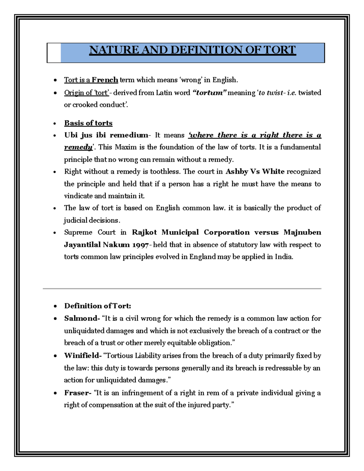 01 Nature and Definition of Tort: Understanding Civil Wrongs and ...