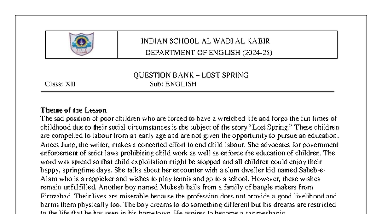 Worksheet for Class XII English: Lost Spring QN Bank - Studocu