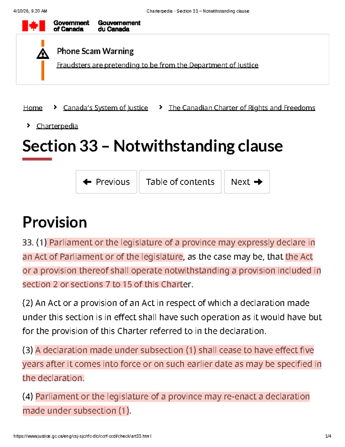 Charterpedia - Section 33 Notwithstanding Clause Overview - Studocu