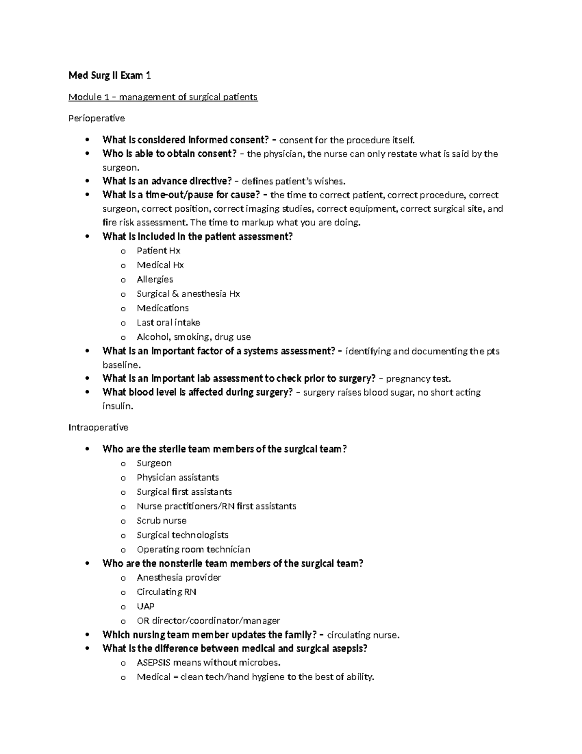 Med Surg II Exam 1 Study Notes: Surgical and Neurological Concepts ...