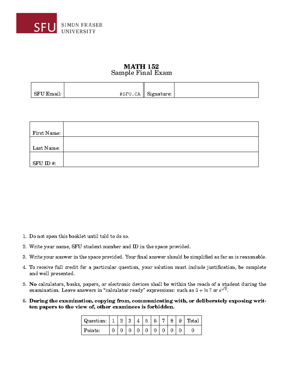 MATH 152 Sample Final Exam Practice Questions - Studocu