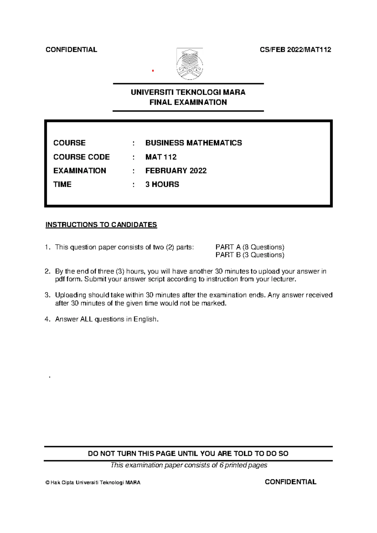 Final Exam Review Guide for MAT112 - Seminar 2 (Oct 2023 - Feb 2024 ...