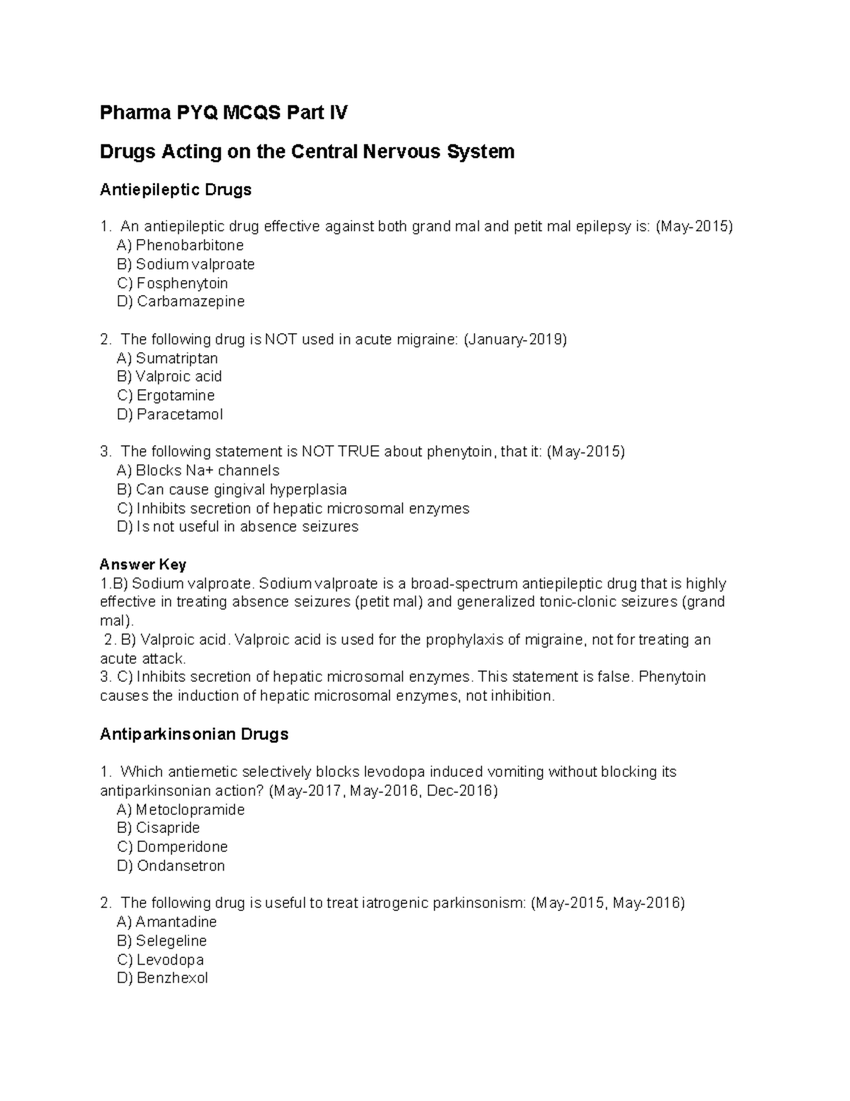 Pharma PYQ MCQs Part IV: CNS Drugs & Antiepileptics Notes - Studocu